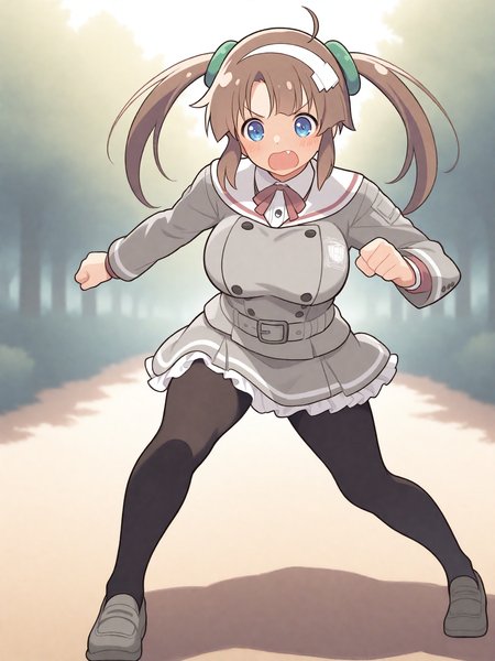 masterpiece, best quality, good quality, masterpiece, best quality, very aesthetic, (tsuvida:0.5)
Minori_IL, blue eyes, brown hair, white hair ornament, green scrunchie, twintails, huge breasts, fang, ahoge, BREAK, Minori_school, school uniform, white sailor collar, grey jacket, black buttons, grey skirt, skirt frills, neck ribbon, grey belt, black pantyhose, grey loafers
solo, action pose, ready to fight
outdoors, forest
<lora:Minori_IL:1>
<lora:ponyv5_noobE11_1_adamW:0.7>
<lora:ai_styles_collection_noob_vpred-0.6_v3:0.5>