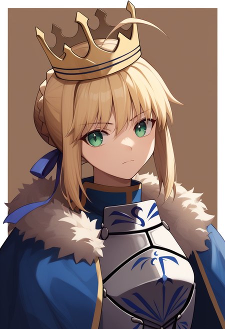 score_9,score_8_up,score_7_up,<lora:fate_zero_all:1>,1girl,absurdres,ahoge,artoria_pendragon_\(fate\),blonde_hair,blue_cloak,blue_ribbon,breastplate,brown_background,chinese_commentary,closed_mouth,commentary_request,crown,fur-trimmed_cloak,green_eyes,hair_ribbon,highres,long_hair,looking_at_viewer,sidelighting,simple_background,solo,upper_body,white_border,