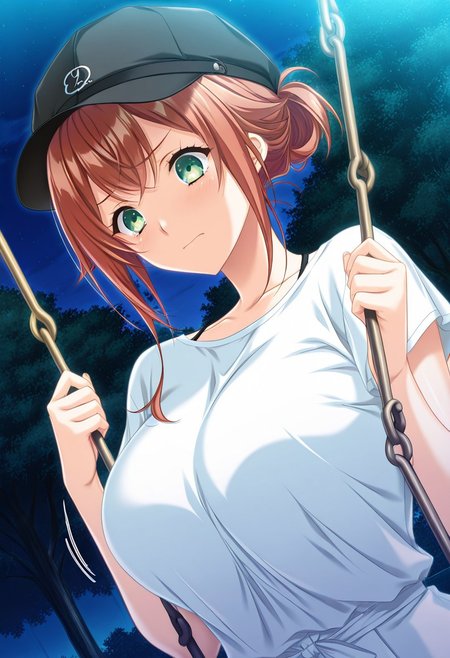 general,highres, ultra-detailed,very aesthetic,best quality ,best hands,masterpiece, best quality, newest, highres, score_9, score_8_up, score_7_up, source_anime, rating_explicit,1girl, yokota mamoru style,motion lines,,Very straight nose,slim,slender face,perfect nose
hanasaki koharu, blue eyes, orange hair,side hair,slim,big breasts,long hair, chest lenth hair,sidelocks
 anime screencap,
1girl, solo, green eyes, red hair, hat, night, swing, dutch angle, long hair, park, breasts
