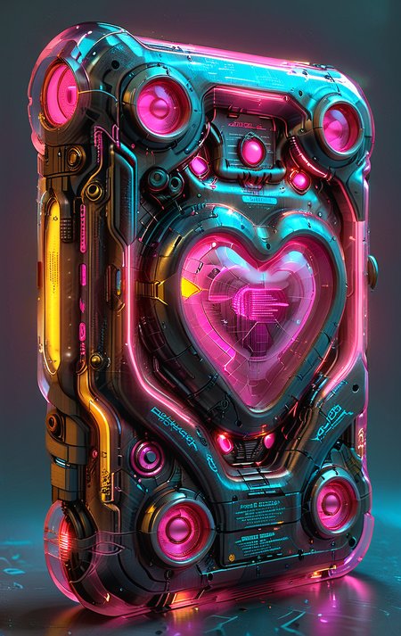 clear image, accurate picture, clear picture, precise image, focused image, Science fiction style, Science fiction, (carbon texture:2), pink glowing neon, neon hearts, neon heart aura,
(in ARTIST style:1.4), (masterpiece:1.8), (Frontal View:2) 
(Frontal View of device (science fiction texture, science fiction skin, someplastic, no humans, english text, simple background, grey background, retro, old style, old phone, device, wearable item), glowing neon, gray paint),
pink glowing neon elements, pink glowing neon heart,
(masterpiece:1.8), (highest detailed:1.8),
(angle:1.8), perfectly lighted, (contrast), (saturated), (((sharp focus))), (hyperdetailed:1.3), (intricate details:1.2), (Refined details:1.3), (best quality:1.5), highly detailed textures,
vibrant colors, <lora:add-detail-xl:0.7> (ultra sharp focus:1.8), (detailed skin:1.8), (detailed windows:1.8), (thin lines:1.8), (best quality:1.8),
<lora:Apparatus_-_Traction_City_Walkers_Vehicles:0.7>, <lora:Someplastic_V2:0.8>,
<lora:glowneon_xl_v1:0.7>
