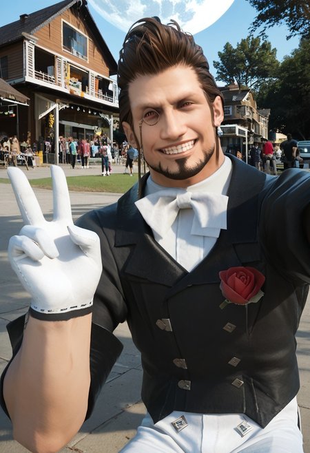 score_9, score_8_up, score_7_up, score_6_up, 4k, perfect quality, male focus, monocle, facial hair,  black jacket, white bowtie, rose boutonniere, white gloves, black pants, white socks, black footwear, outside, day, oasis town, busy street, colorful indian festival, aliens in background, confident grin, full moon, amateur, real life photo, selfie, close up, cool, high contrast, silhouette, v fingers, victory fingers, looking at viewer,
