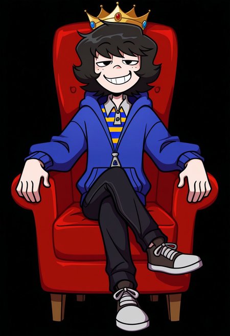 masterpiece, best quality, highres, BREAK, mike_owm, 1boy, solo, black hair, short hair, black eyes, freckles, crown, collared shirt, striped shirt, blue jacket, hoodie, black pants, shoes, smug, looking at viewer, grin, sitting, crossed legs, armchair, dark background