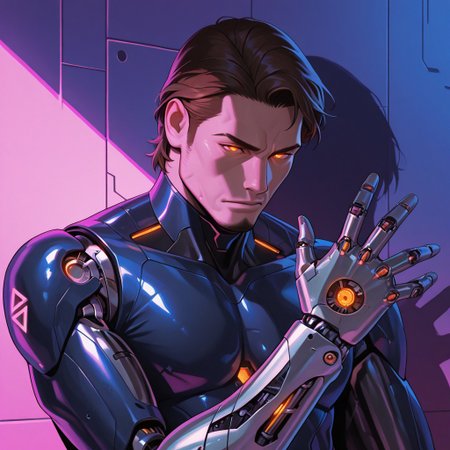 masterpiece, best quality, amazing quality, absurdres, newest, detailed background, definition so sharp, Ultra-HD, 8K cinematic, very awa, impressionate, amazing quality, highres, 
solo, male focus, manly, shadow, shiny skin,
shimonmakusu, shimon_brunette, shimon_orange eyes, 1boy, short hair, stubble, goatee, mature male, cybernetic, robot_arm, glowing_eyes, futuristic_clothing, enforcer, android, precision, cold_logic, mechanical_parts, integrated_tech, dystopian, synthwave, sharp_lines, augmented