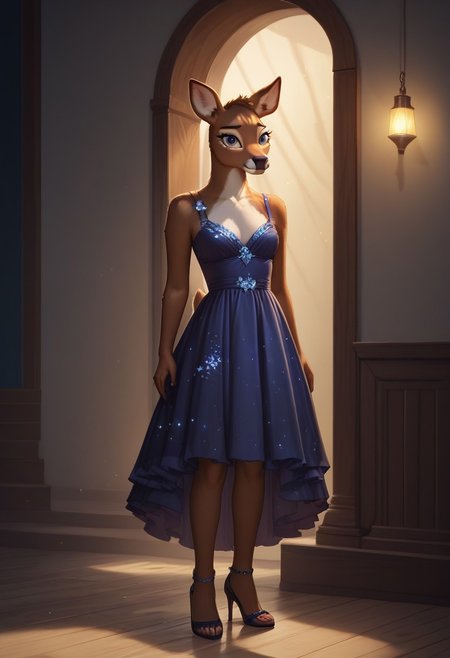 (ultra realistic, 32k, masterpiece:1.2), (high detailed skin:1.1), (high quality:1.1), source_furry,<lora:add-detail-xl:.5>, Furry,  smooth image,  score_7_up, score_8_up,score_9,perfect quality ,perfect shadows, perfect lighting, detailed body, female deer, ultra cute face, deer tail,moonlight, firelight, beautiful lights and shadows, ambient light, volumetric light,pennycarson,anthro, full body,night dress, standing, heels,