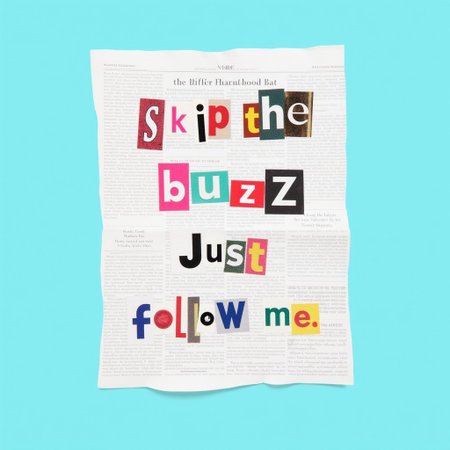 A ransom note with unique colors and RANSOMFONT cut out from various digital newspapers glued onto a cyan coloured page with text: "Skip the buzz Just follow me"