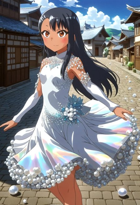 (dynamic pose), dynamic action, dynamic angle, 1girl,
Nagatoro_Hayase,
a dress made of Pearlum, fluttering in a Pearlum magical town, <lora:Pearlum_World_Morph:1>, detailemaximizer, realistic, <lora:clearHandExtract:0.8>,