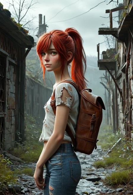 score_9, score_8_up, score_7_up,  1woman,  Masterpiece, 4k, ultra high detail, 21yo, small_breast_size, long red ponytail hair, fcNeg, stunning green eyes, freckles, white skin, small nose, innocent beauty, slim cute face,  skinny body, red hair, 
Alerted look, dry tears, dirty clothes, dirty face, 
 particles, 
Dark sky with stormclouds, ash, falling Ash like dark snow, ruins, wasteland, cityruins, lightly torn dark gamer_shirt, heavy_torn_dirty_skinny_jeans, dirty_clothes, used_camping_backpack,
End of the World, 
negative_hand, NightScapes, ng_deepnegative_v1_75t, green eyes, perfecteyes,