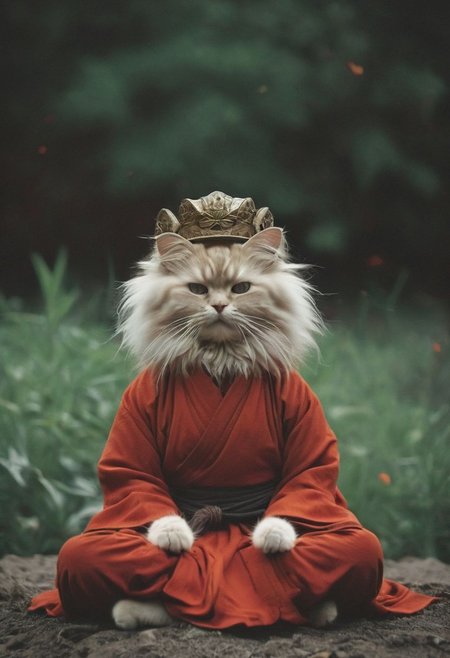 Capturing serenity amidst boundless solitude: a powerful image of a fluffy ninja cat draped in flowing feudal garb, large sedge-hat, meditating in lotus position upon an endless, sunless expanse. As she hovers, an aura emanates from her, growing in intensity as it extends beyond her Till it explodes in the far, reminiscent of expanding ripples of sound. The neon hues of her aura paint the air, a vivid testament to her inner strength and focus.
creating a surreal normal scene with translucent DARK Red and beige details, colorful (polaroid:0.7) with vibrant colors, (vacations, high resolution:1.3), (small, selective focus, european film:1.2), closeup