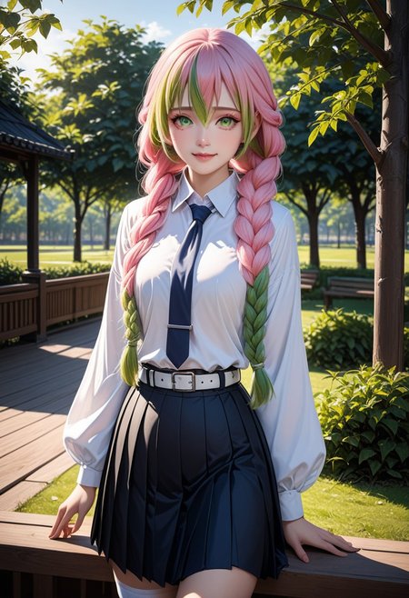 high-school girl, (mitsurikanroji, pink hair, multicolored hair, braid, green hair), smiling and gentle posing at park, wearing white long puff sleeves collared shirt with navy-blue tie, navy-blue tie pleated pencil long skirt, black belt with silver buckle, white socks ,black mary-jane shoes, white ribbons, BREAK, (1girl, solo, full body), (best quality,4k,8k,highres,masterpiece:1.2),ultra-detailed,(realistic,photo-realistic:1.37),extremely detailed eyes and face,longeyelashes,beautiful detailed lips,beautiful detailed eyes,cinematic lighting,moody lighting,dramatic shadows,vibrant colors