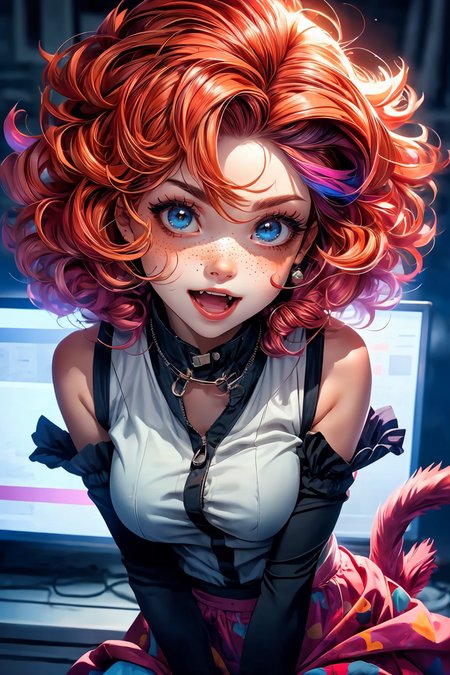(best quality, masterpiece1.2), (detailed eye:1.2), intricate detail, depth of field, cat ear, 1girl,upper body,  curly hair, fang, off shoulder, heterochromia,  freckles, blush, skirt, large breasts, kneehighs, open mouth, fangs, all fours, from above, cat tail, pov, pov hands, catnip
<lora:more_details:0.4>
 <lora:Cosmic anime-oil fusion v2:0.45> 
<lora:AnimeVibesV3:0.55> animevibes, 
<lora:3DMM_V11:0.55> 3DMM 
<lora:midjourney_20230624181825:0.65> midjourney ,
 <lora:LAS:0.15> cloud,colorful,
<lora:msw_locon-t2:0.25>, shiny, shiny hair, shiny skin, shiny clothes