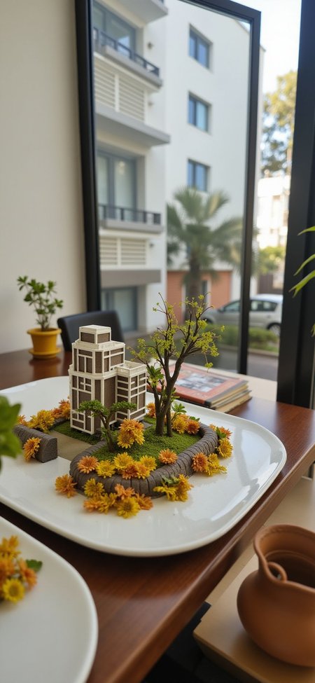 ( study,indoor,tilt-shift lens:1.8), (miniature,diorama,die-cast,PVC,plastic:2) of (stasis _chamber:1.5), gradation,(very clear sky,autumn:1.3),  (modern apartment:2) (in wide  plates:1.3) (on  table:1.3) <lora:JJsApartment_Flux:0.7>