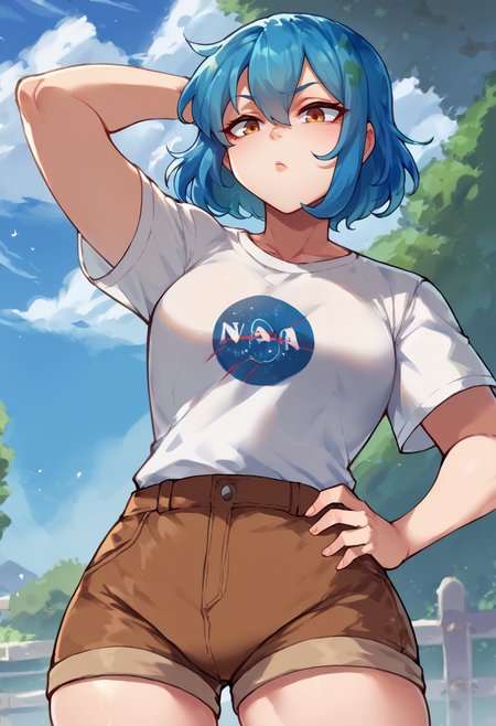 score_9, score_8_up, score_7_up,  <lora:gijinkaseries_earth_ponyXL:1>  earth-chan white shirt, short sleeves, brown shorts one hand on her hip, one hand behind her head <lora:mfcgXL:1>