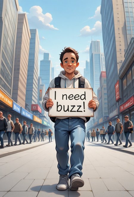 need_buzz, holding sign, ((panel with message "I NEED BUZZ, PLEASE")), (((1boy))), teenager, walking, big city background, looking at viewers, panel in front of boy