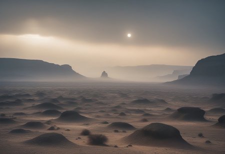 A vast caravan migrates through a barren desert valley, leading to a colossal weathered plain under a hazy sky, stony grays, a dense gray mist clogs the air with a soft ethereal glow,