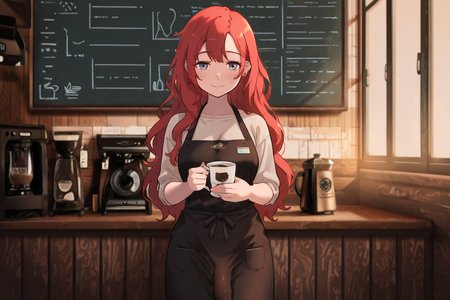 masterpiece, score_9, score_8_up, score_7_up, highly detailed, ultra-detailed, cinematic lighting, soft warm glow, cozy atmosphere,  
1futa, long red hair, vibrant red hair, wavy hair, nose piercing, ear piercings, silver jewelry, barista, coffee shop worker, wearing apron, stylish casual outfit, warm smile, friendly expression,  
behind the counter, holding a coffee cup, steaming coffee, rustic wooden counter, espresso machine, chalkboard menu in the background, café ambiance, soft blurred background, warm color palette, inviting atmosphere, <lora:DownbulgeIL:1> ,down_bulge,  <lora:Kamuo:1>, Kamuoo,  <lora:NOOB_vp1_detailer_by_volnovik_v1:1>, <lora:add-detail-xl:1> ,<lora:SkindentationIL3.4_alpha16.0_rank32_full_400steps:3>,