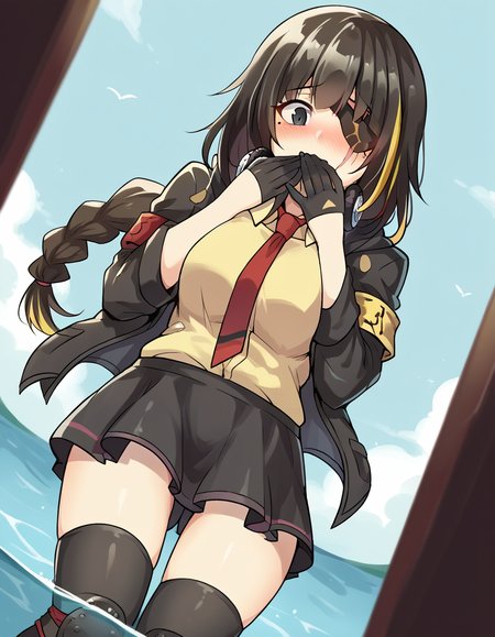 score_9, score_8_up, score_7_up, source_anime, <lora:girlsfrontline-m16a1-ponyxl-lora-nochekaiser:1>, m16a1, black hair, long hair, black eyes, streaked hair, yellow hair, bangs, braid, braided ponytail, eyepatch, mole, mole under eye, scar, scar on face,, armband, asymmetrical legwear, black gloves, black jacket, black legwear, black skirt, buttons, gloves, headphones, headphones around neck, hood, hooded jacket, jacket, knee pads, necktie, skirt, strap, unevent legwear, shirt, yellow shirt, hood down, mature female, medium breasts,, harbor, boats, water, dock, trade, smile, <lora:ring-box-ponyxl-lora-nochekaiser:1>, ring box, holding box, pov, pov hands,, blush, covering mouth, embarrassed, blush, bed room,, looking down, cowboy shot,, looking at viewer, solo,, dutch angle, cowboy shot