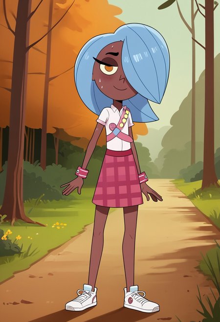 score_7_up, 1girl, erin_cc, dark complexion, one amber eye, one light blue eye, medium length blue hair, hair covering left eye, Scout uniform, white short-sleeved shirt, pink cuffs, pink sash  with badges,  pink flannel skirt,  dark-purple and white sneakers, sensual, curvy, standing, in the woods, outdoors, nature, hike, sweat, looking at viewer, feminine, artistic effects, smiling, unbutton, breasts