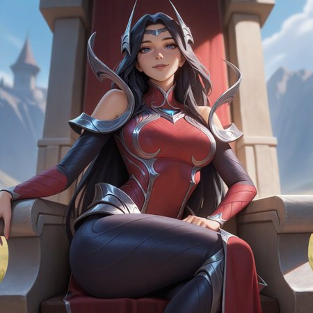 masterpiece, best quality, newest, absurdres, highres,ireliadefault, 1girl,red dress, silver armored dress, silver diadem, silver hair ornament, bare shoulders, detached sleeves, black hair, long hair, blue eyes, sitting, looking at viewer, smile, <lora:Irelia:1>