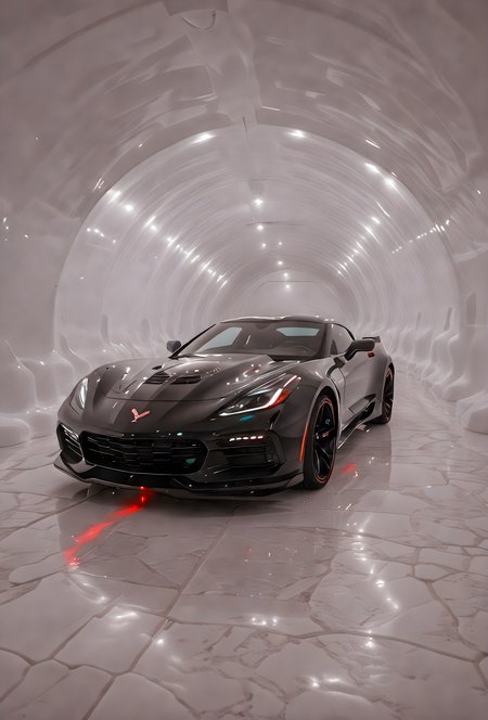 breathtaking (Futuristic-Black-corvette),
in a white-tunnel,
bright neon lights in the tunnel,
multicolored lights.
vivid colors, vivid contrast, bold colors, 
white paved road . award-winning, professional, highly detailed