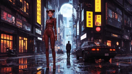 bun medium brown hair young cyberpunk woman, anime, illustration, cyberpunk, futuristic, extremely detailed, portrait, standing, happy smile, beautiful cyberpunk tokyo buildings landscape, wet floor, windows, car, motorbike, moon in the sky, bright neon lights, screen holograms, kanjis, raytracing, hdr, high contrast, cinematic lights, backlight, reflections, legs, heels, sharp focus, luminous Neon Red robot glossy brilliant armor, body lights, body circuits, glossy lipstick, necklace, clip-on earrings, colorful, retrowave, shadows, vibrant colors, colorful, bright, pretty, beautiful, feminine, sexy, lovely, in love, adorable, fashion, <lora:Hand v2:1> <lora:Anti-Blur:2> <lora:Insane Detail Slider:0.5>  <lora:flux.1_lora_flyway_Epic-detail_v2:0.3><lora:fluxenhancer:0.5> <lora:RetroAnimeFluxV1:0.3> <lora:CPA:0.6> <lora:Luminous_Shadowscape:0.3>  <lora:Neon_Noir_FLUX:0.4> mad-neon-noir  <lora:bv-cybstyenh-v1_rank16_bf16:0.3>