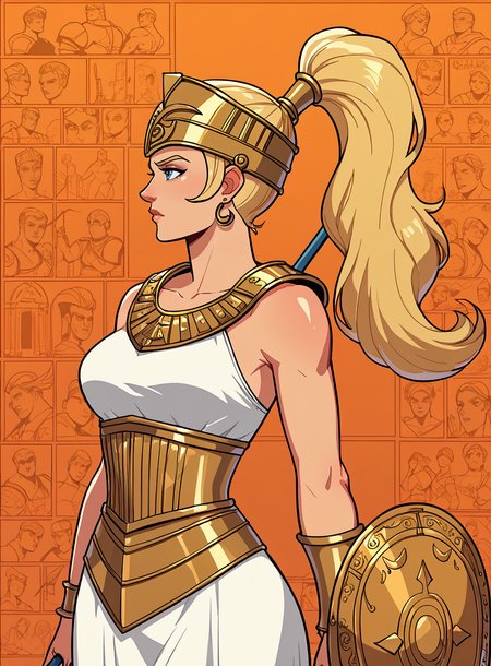 score_9, score_8_up, score_7_up, Athena,  Corinthian helmet, gold accents, shield, spear, 1girl, bullypxl, comic wallpaper, <lora:bullypxl:0.8>, orange background, greek goddess, 2d, outline, blonde hair, amazon, white armor, white dress