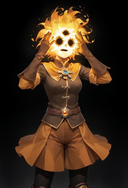 score_9, score_8_up, score_7_up,
lord_of_frenzy, fire head,
novakin, faceless, no eyes, no mouth, no nose, no facial features, short fiery yellow orange hair, body made of black plasma,
open hands, hands on face front,
hands on own head, 
shaft head tilt,
magical girl outfit, (steampunk dress:1.1), boots, (brown shorts:1.1), black tights, medium breasts, belt, gloves, 
simple background, grey background,