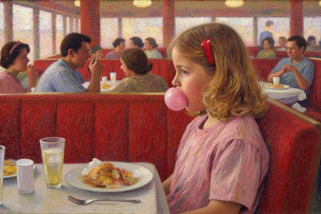 henrimartin1 painting. 
Close up of a young girl who's face is covered in pink bubble gum, sitting on the right in a diner in 1953. She has should length hair held with red banana clip. The diner has red booths and is full of people lauging and eating. <lora:henrimartin1_cap_d8a4e12:1.0><lora:852107708843688560:0>