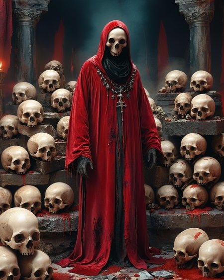 hooded faceless sorcerer standing near a pile of skulls, evil temple, dais, volumetric lighting, velvet robe, intense color, pile of skulls, blood, <lora:add-detail-xl:1.0>,  <lora:xl_more_art-full_v1:0.4>,   <lora:XSfenlie:1> fenliexl,  <lora:lora:1>, realistic photo