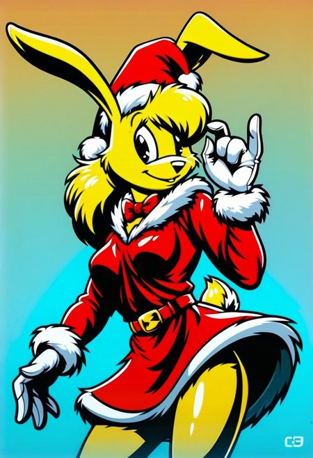 score_9, score_8_up, score_7_up, score_6_up, score_5_up, score_4_up, retro artstyle, BREAK 
LoriJackRabbitPXL, rabbit girl,1girl, solo, hat, fur trim,yellow hair,rabbit tail, animal ears, dress, white gloves, gloves, santa hat, red headwear, makeup, blue background, bow, belt, red dress, red bow,yellow fur, fur-trimmed dress, looking at viewer, furry female, smile, fur-trimmed sleeves, black eyes, furry, choker, bowtie, eyeshadow, long sleeves, christmas, red bowtie, breasts, cowboy shot, happy, gradient background, standing, santa costume, red choker, cropped legs, simple background, signature,rabbit tail, deer ears, fur-trimmed headwear, medium hair, fox ears
<lora:lorijackrabbit-v1:0.9>