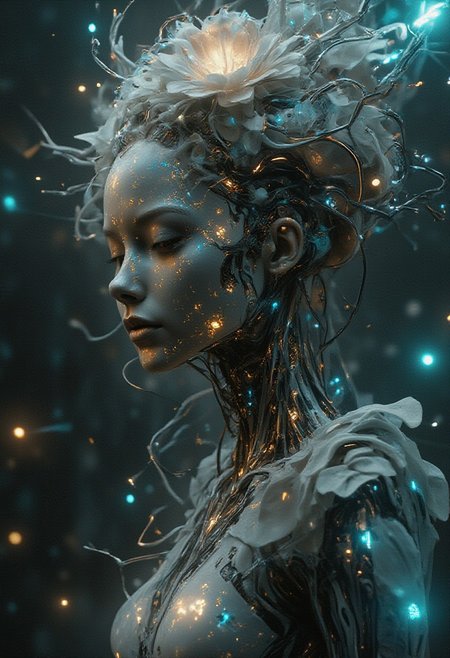 Abstract Lighting Effects, Hyperrealism, Midjourney Style, Photorealism, Cinematic, High Fidelity, Realism, Light Play,
analog style, smooth soft skin, close-up beautiful fractal flower decorated with snow-white Japanese empress beautiful body, science fiction, futuristic, utopian, machine parts, body parts, wires, circuits, high detail, octane rendering, cinematic, Ayami Kojima, Karol Bak, Greg Hildebrandt and Mark Brooks, hauntingly surreal, gothic, highly detailed and intricate, rich deep colors., science fiction, intricate artistic masterpiece, ominous, matte film poster, golden ratio, trending cgsociety, twisted, epic, trending on artstation, author artgerm, ch.r. Giger and Beksinski, science fiction, intricate art masterpiece, sinister, matte painting movie poster, golden ratio, trending cgsociety, intricate, epic, trending on artstation, by artgerm, h. R. Giger and Beksinski, highly detailed, vibrant, cinematic character rendering, ultra-high quality model