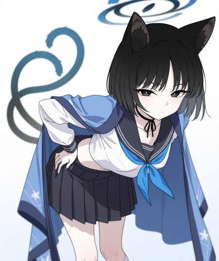 official art, absurdres, highres, anime coloring, hi res, best quality, masterpiece, 2d, intricate details, 4k,
1girl, solo, eyelashes, nose, short hair, bangs, brown hair, black hair, black eyes, antenna hair, halo, 
animal ears, tail, cat ears, cat tail, cat girl, double tail,
breasts, black skirt, sailor collar, shirt, long sleeves, school uniform, white shirt, midriff, crop top, neckerchief, black sailor collar, blue neckerchief, choker, blue cape, cape, 
skirt, pleated skirt, serafuku, socks, kneehighs, white socks,
cowboy shot, looking at viewer, leaning forward, hands on own hips, 
depth of field, white background, gradient background,  <lora:Kikyou_(Blue_Archive)_ILXL:1>, kikyou \(blue archive\),