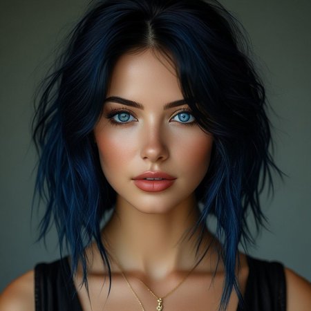 bellissima 1girl, solo, long hair, looking at viewer, blue eyes, black hair, jewelry, blue hair, parted lips, necklace, blurry, lips, blurry background, portrait, forehead, realistic, nose