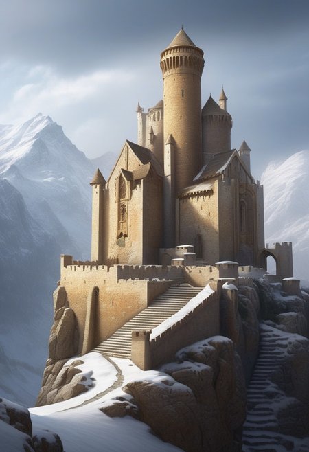a watchtower on a (tall rock spire),  (13th Century:1.5), a stairway to the keep, doorway,  mountain in background, very wide shot, fantasy, atmospheric effects, snow, best quality, masterpiece, realistic, photo-realistic, amazing, finely detail, ultra-detailed, highres, extremely detailed, 8k wallpaper