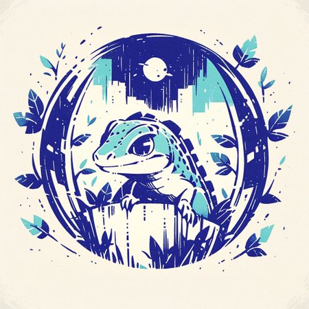 (simple retro design, logo, manga style, 2tone), Two legged lizard with leaves