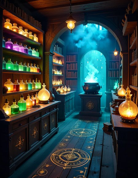 A dimly lit, mysterious alchemy shop filled with ancient books, glowing potions, and strange magical artifacts. Wooden shelves, covered in dust and cobwebs, are packed with glass bottles containing bubbling liquids in deep purples, shimmering golds, and eerie greens. The air is thick with swirling mist, and candlelight flickers, casting long shadows across the stone walls. In the foreground, an old wooden counter holds an open grimoire, alongside mortar and pestles, dried herbs, and mysterious symbols carved into the surface. Strange objects like a levitating crystal orb, a preserved dragonâs eye in a jar, and an enchanted dagger with glowing runes are displayed throughout the space. A bubbling cauldron in the corner emits a soft, eerie glow, illuminating the intricate arcane symbols on the floor. The atmosphere is dark, mystical, and full of ancient secrets, evoking a sense of forgotten magic and hidden knowledge.
<lora:SDXLFaeTastic2400:0.4> <lora:extremely_detailed:0.4> extremely detailed,<lora:mysterious_4lch3my_sh0p:1>,mysterious 4lch3my sh0p, Masterpiece,best quality,hi res,8k,hi res,8k,award winning,(sharp focus, intricate, highly detailed),