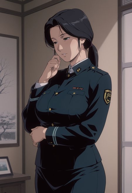 1girl,solo,mm,mature female,black hair,ponytail,
uniform
,masterpiece,best quality,amazing quality,<lora:Shinobu_Nagumo-Patlabor_2:0.8>