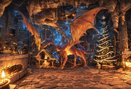 Dragon in Christmas cave, cave, festive cave, Christmas decorations, Christmas lights
(((Sparkling, Sparkly))) glowing dragon, christmas dragon, dragon wrapped in Christmas lights, glowing matrix, glowing Christmas lights, hyper realistic, photorealistic, HD, High detail, High detail eyes, high detail face, wings, glowing wings, light scales, glowing Christmas lights on wings, glowing light scales, tail, tail wrapped in Christmas lights, four legs, 
BREAK 
Snowy background
