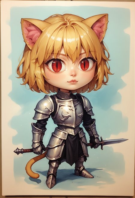 score_9, score_8_up,score_7_up, score_6_up BREAK traditional media, realistic, highres, colorful, necoarc, blonde hair, red eyes, slit pupils, cat ears, :3, chibi, knight armor, fantasy setting, intricate details <lora:d4rk01lXLP:0.8>  <lora:necoarc-guy-PONYv1_1:1>