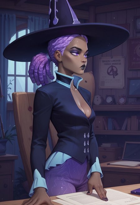 score_9, score_8_up, score_7_up, score_6_up, score_5_up,
h3l3n3, dark-skinned female, very dark skin, breasts, black lips, medium breast, purple hair, purple eyes, dreadlocks, witch hat,  pants, high heels, cleavage, makeup, plunging neckline, lipstick,
working, paperwork, bored, neutral expression, judging,