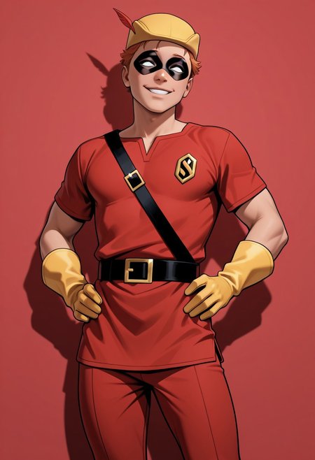 masterpiece, absurdres, high quality, perfect anatomy, 1boy, solo, cute boy, male focus, Speedy, Orange Hair, Domino Mask, White Eyes, Yellow Cap, Red Tunic, Tunic, Red Pants, Yellow Gloves, smug smile, parted lips, hands on hips, cinematic, intricately detailed illustration, depth of field, masterpiece, best quality, amazing quality, very aesthetic, absurdres, newest, very awa,  shadow, dynamic angle, casual cosplay, dynamic pose, simple background, red theme