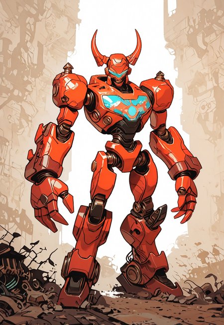 MythAn1m3, INCASE Style,   Title: "Detailed Illustration - Futuristic Armored Figure"  Art Style: A detailed and intricate illustration reminiscent of traditional Japanese art, with a focus on bold lines, sharp contrasts, and a rich color palette dominated by red, white, and black. The style emphasizes complexity, depth, and a sense of power.  Subject & Details: The main subject is a humanoid robot with a complex mechanical design, featuring a helmet with a visor, sharp teeth, and intricate patterns and textures. The robot's body is adorned with various mechanical components, gears, and other mechanical parts, all meticulously arranged to create a sense of depth and complexity.  Visual Elements: The figure's complex mechanical design, helmet with visor, sharp teeth, and intricate patterns and textures contribute to the detailed and powerful appearance of the image. The minimalistic background allows for focus on the robot's detailed design without distraction. The overall color palette is dominated by red, white, and black, emphasizing the intensity and power conveyed in the illustration.  Composition: The composition focuses on the detailed and intricate design of the humanoid robot, with a minimalistic background to allow for focus solely on the figure's complex mechanical elements. Attention to detail in the character's facial expressions, body language, and physical characteristics helps create an immersive experience that tells a story or evokes emotions without relying on text. The overall color palette and bold lines add depth and visual interest to the image while emphasizing the sense of power conveyed.  Additional Details: The detailed illustration of the futuristic armored figure exudes intensity and power, with the traditional Japanese art style contributing to a sense of complexity and depth. The focus on bold lines, sharp contrasts, and a rich color palette draws the viewer in and invites them to explore the intricate details of the humanoid robot's design. solo, red_eyes, horns, teeth, no_humans, sharp_teeth, robot, mecha, science_fiction
