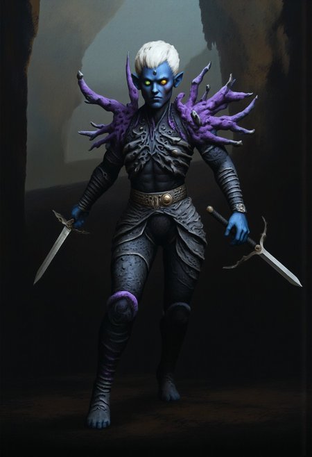 b3rs3rk macro lens d4concept pov, 3D01S, simple background d4artstyle atmospheric and powerful MikeFranchinastyle dark fantasy, natural organic and first person pov of a berserk style creature in the Tsutomu Nihei style
Dark elf warrior, ebony skin with a slight metallic sheen, contrasting shock-white hair ranging from short and tousled to long and flowing. Sharp, angular facial features with high cheekbones and pointed ears. Piercing eyes that glow with inner light, colors varying from amber to pale lavender. Athletic, lithe body clad in intricate, form-fitting armor made of overlapping weaved plates and scales in deep dark purples, blacks, and gunmetal grays. PaperStyle Armor design includes ornamental  bladed edges, suggesting both protection and offensive capabilities. Wielding an assortment of elemental weapons including curved katanas, poison bottes, and magical whips made of crackling energy. Poses range from dramatic action stances to regal portraits, conveying both lethal grace and commanding presence. Background shadowy caverns. Art style spans from highly detailed digital paintings to stylized fantasy illustrations, with emphasis on dramatic lighting and shadow play to accentuate the character's mysterious and dangerous aura
UHD letterboxed game trailer frame chromatic aberration dark atmosphere sharp masterpiece with a focus on the character, elden ring, dark atmosphere