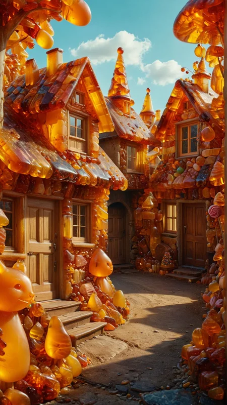 surreal, a village where houses are made of various types of sweets, people living inside and interacting with anthropomorphic candy creatures, vibrant colors, whimsical and sweet ,<lora:ral-amber:1> ral-amber
<lora:add-detail-xl:1>,
<lora:MJ52:0.35>,
<lora:SDXLFaeTastic2400:0.325>,
(settings by AIDigitalmediaaggency:0.0001),
OverallDetailXL