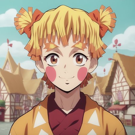 <lora:SlimesFemZenitsu-000003:1>, slimes_femzenitsu, eyes open, brown eyes, smile, village background