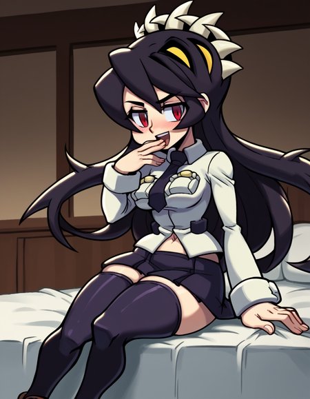 score_9, score_8_up, score_7_up, source_anime, <lora:skullgirls-filia-ingame-ponyxl-lora-nochekaiser:1>, filia, long hair, black hair, red eyes, prehensile hair, extra mouth, skirt, thighhighs, navel, school uniform, necktie, black thighhighs, miniskirt, zettai ryouiki,, indoors, bed, bedroom, on side, blush, drunk, , <lora:ojou-sama-pose-ponyxl-lora-nochekaiser:1>, ojou-sama pose, laughing, smug, hand to own mouth, open mouth,, looking at viewer, solo,, dutch angle, cowboy shot