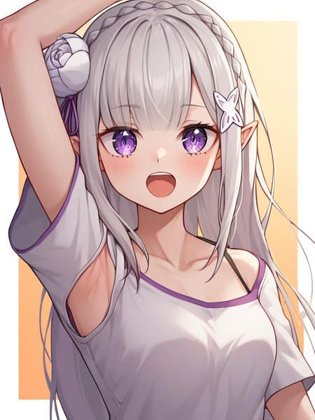 score_9,score_8_up,score_7_up,<lora:emilia_(re_zero):1>,hair_down, arms_up, 2023, emilia_\(re:zero\), black_sleeves, short_sleeves, orange_background, armpits, dated, 1girl, white_shirt, borrowed_clothes, white_border, upper_body, open_mouth, collarbone, outside_border, :d, solo