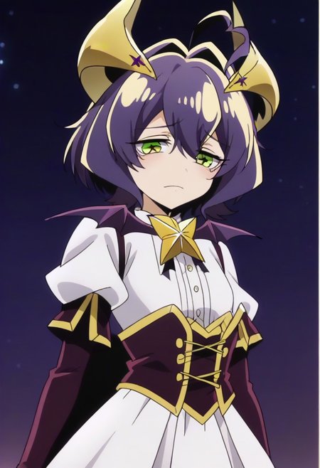 source_anime <lora:GushingoverMagicalGirlsSet1:0.8>, MagiaBaiser, short hair, yellow eyes, ahoge, purple hair, magical girl, showgirl skirt, black nails, low wings, cross-shaped pupils, yellow horns, star pasties,,, ,,, , , ,,,, ,,, , ,,,,,,,, anime coloring,anime screencap, 1girl,Solo ,, anime,official art,,Uncensored ,Unedited ,,,,,,,,