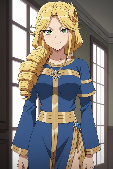 score_9, score_8_up, score_7_up, source anime, prefect lighting, very aesthetic, BREAK, anime screencap, anime coloring,
<lora:lakyus_overlord_v1-pdv6:0.9>, 1girl, lakyus alvein dale aindra, overlord \(maruyama\), blonde hair, green eyes,
(lakyusout2:1.5), necklace, side slit, blue dress, drill hair, 
BREAK, smile, looking at viewer, cowboy shot, 
BREAK,