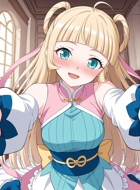 <lora:Mu_Qing_Luan__Battle_Through_the_Heavens__Illustrious:1>
1girl, solo, blonde hair, twin buns, long hair, ahoge, blunt bangs, teal eyes, anime style, 
blue and pink outfit, oriental dress, short dress, frilled skirt, pink sash, golden bow, detached sleeves, long sleeves, blue boots, big cuffs, ribbon details, open shoulders, 
score_9, score_8_up, score_7_up, score_6_up, source_anime, rating_explicit, 1girl, solo, smile, embarrassed, alcalose eyes, open mouth, mansion, indoors, looking at viewer, outstretched arms, pov, close-up, (head tilt:1.2)