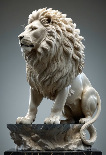 3D render of a majestic lion sculpture, hyper-realistic, intricately detailed fur, powerful stance, dramatic lighting, by Robert Kondo and Paul Komoda, high resolution, polished marble texture, museum quality display, showcasing strength and grace, with a naturalistic background. 
3d-rendering, concept-art, digital, dreaminess, futuristic, multimedia, sculpture, virtual-reality
concept-art, awesome full color, fantasy, epic, majestic, magical, dreamy, perspective, light and shadow, moody, epic, 
beautiful, painterly, aesthetic, textural, vivid, vibrant, intricate details, highly detailed, ultra-detailed, absurdres, 
fflixmj6, WhiteMold